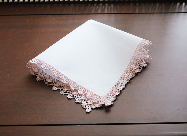 Cotton handkerchief. Mary's Rose colored lace trimmed
